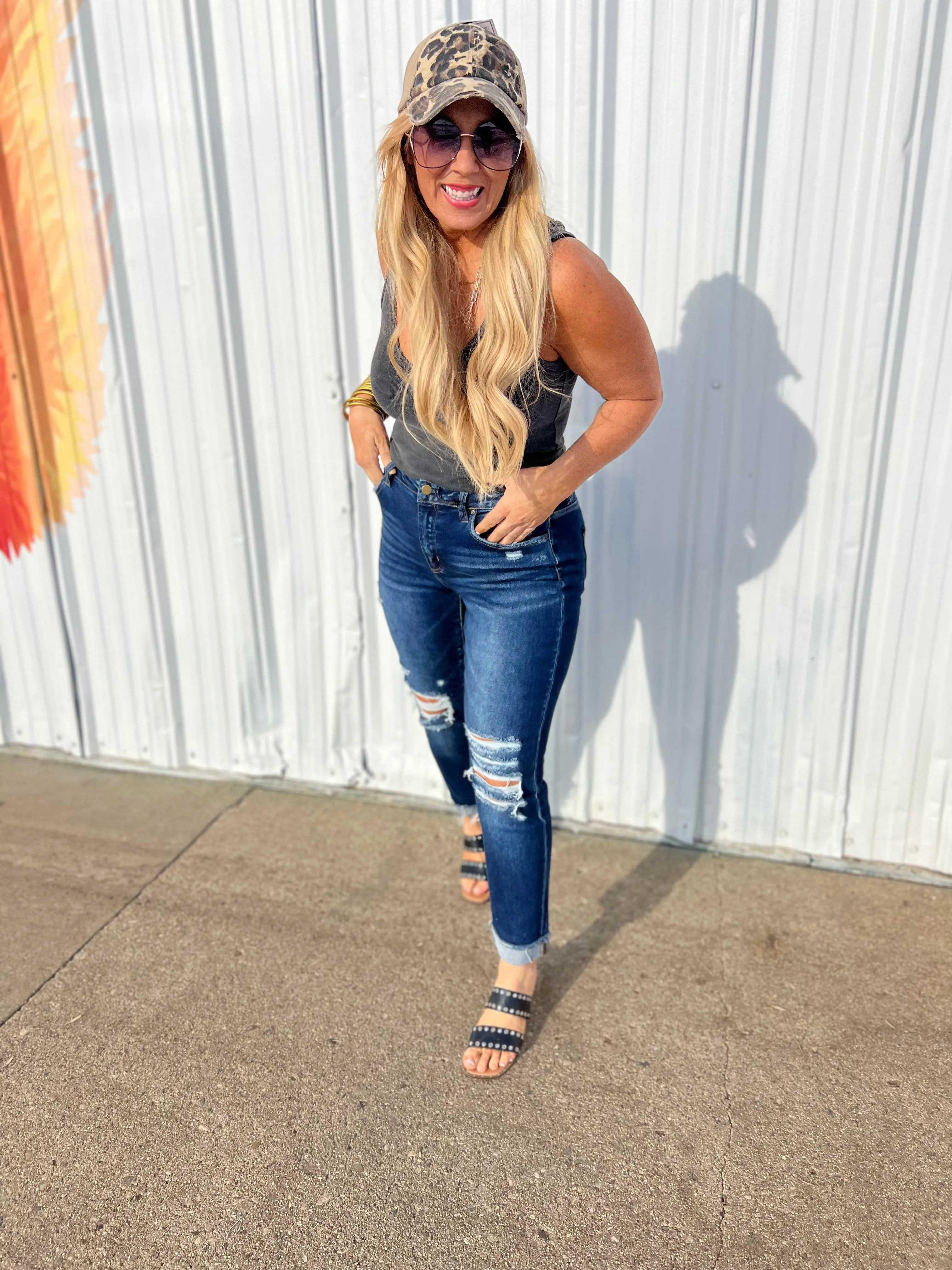 High Rise Boyfriend Crop w/ Cuff Denim Jeans - MICA