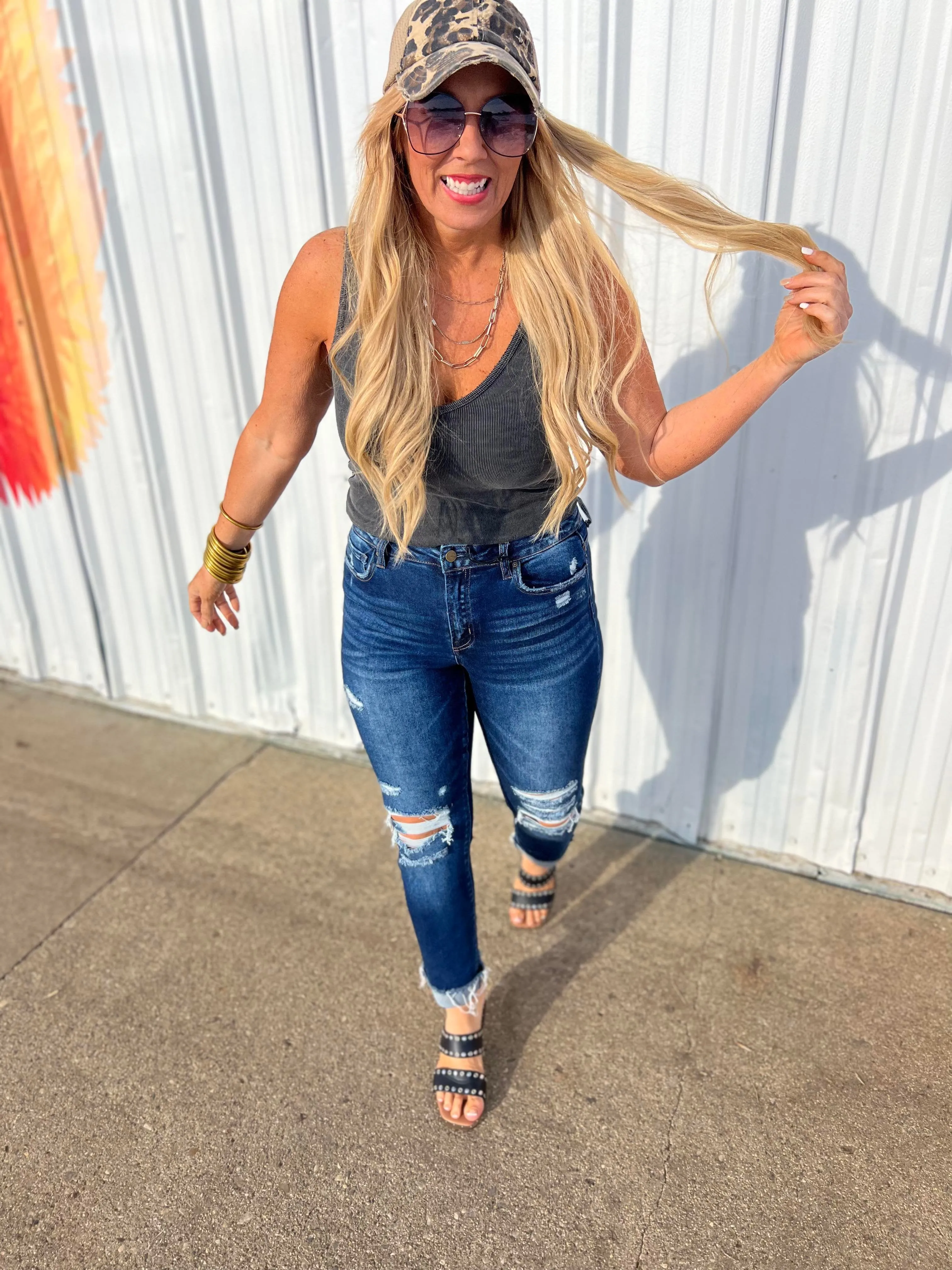 High Rise Boyfriend Crop w/ Cuff Denim Jeans - MICA