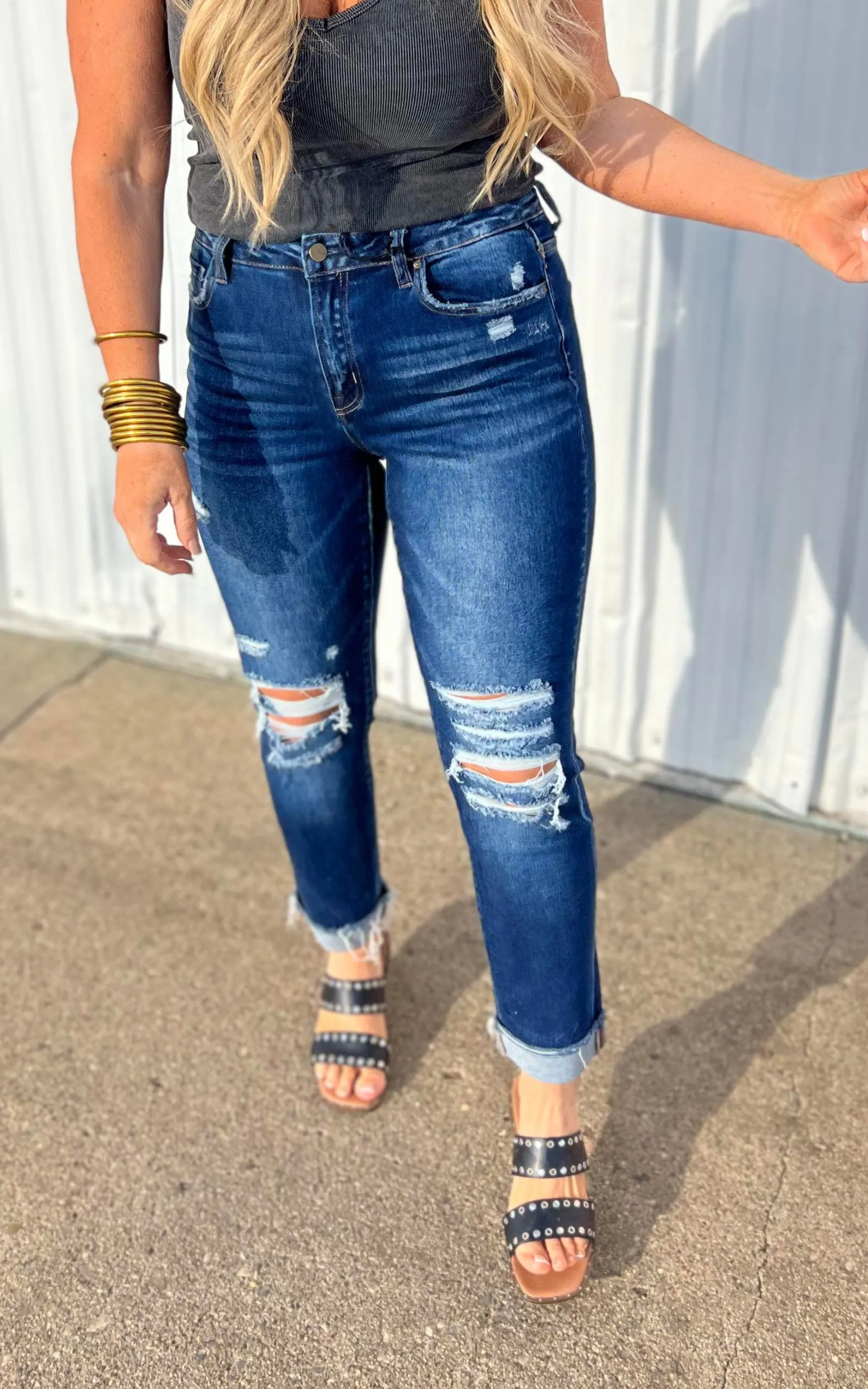 High Rise Boyfriend Crop w/ Cuff Denim Jeans - MICA
