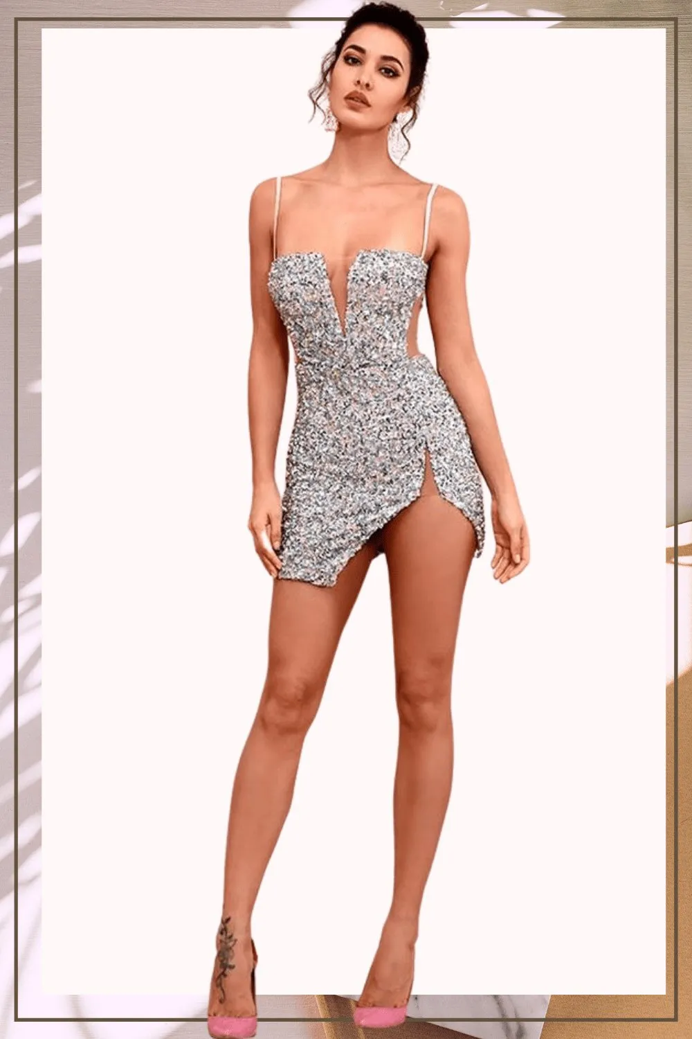Isabella Cut Out High Slit Sequin Silver Mini Dress