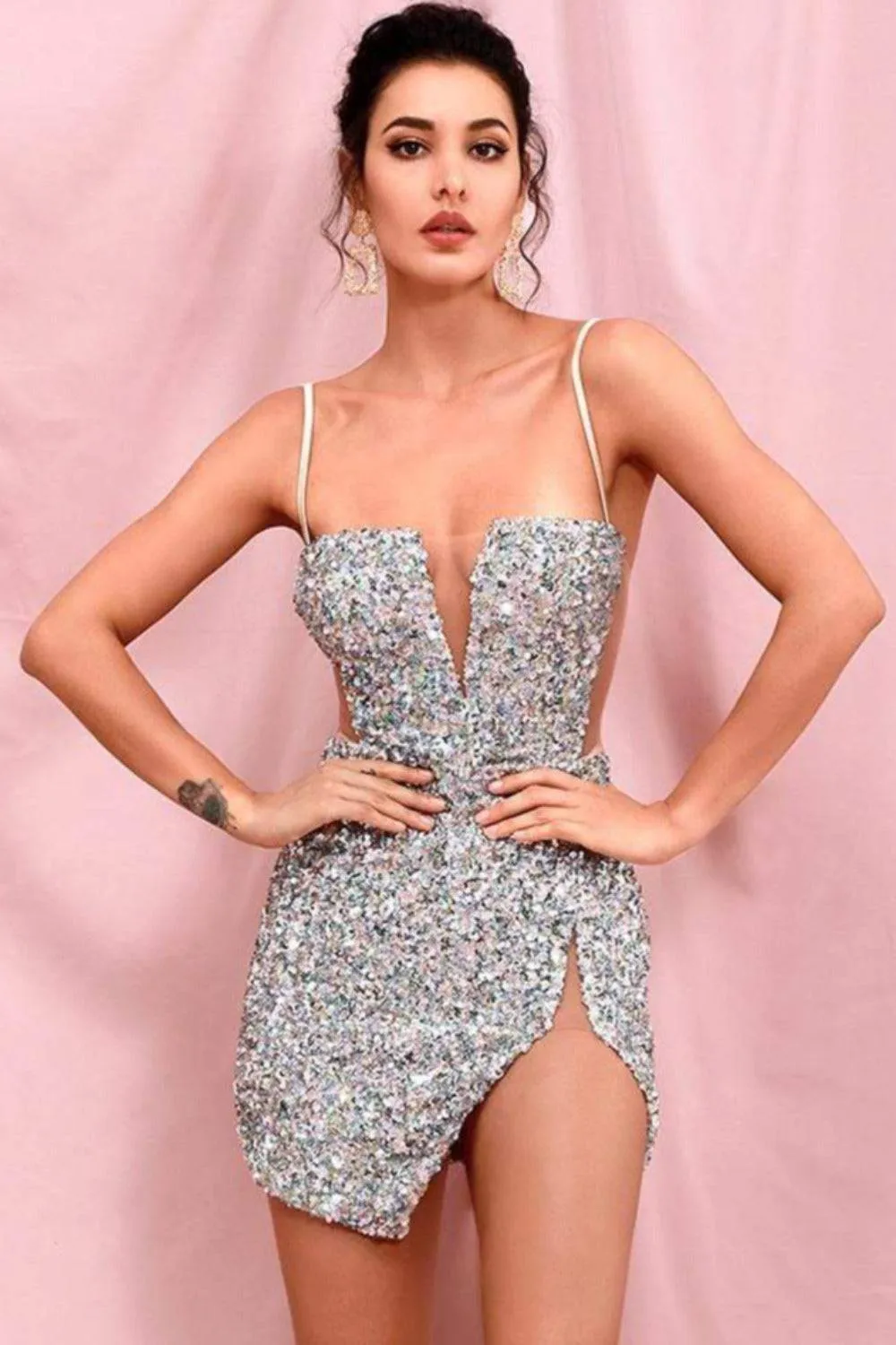 Isabella Cut Out High Slit Sequin Silver Mini Dress