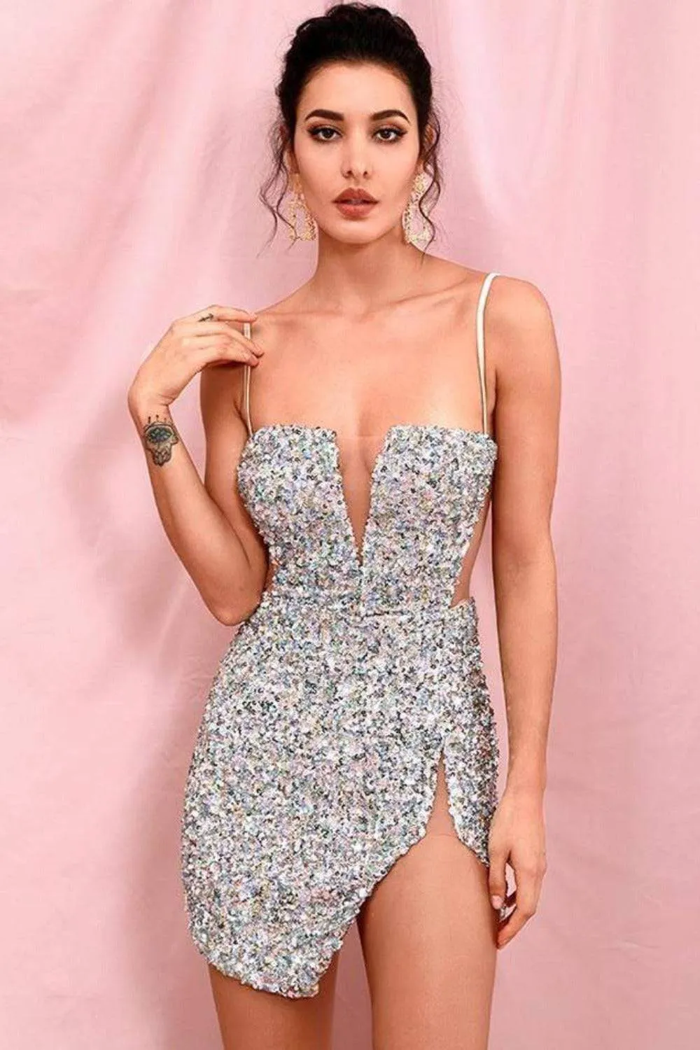 Isabella Cut Out High Slit Sequin Silver Mini Dress