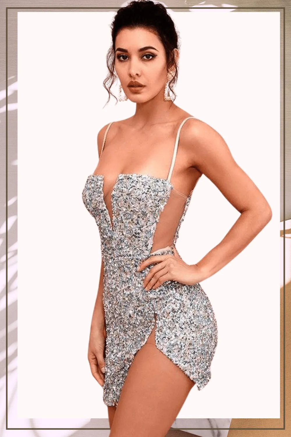 Isabella Cut Out High Slit Sequin Silver Mini Dress