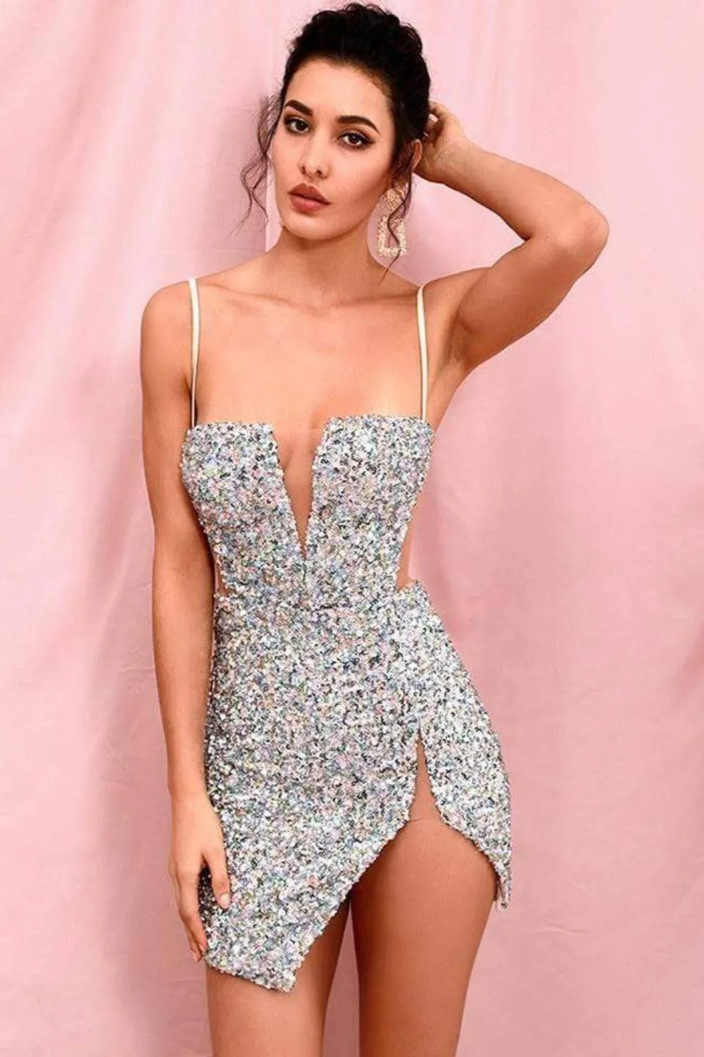 Isabella Cut Out High Slit Sequin Silver Mini Dress