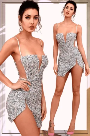 Isabella Cut Out High Slit Sequin Silver Mini Dress