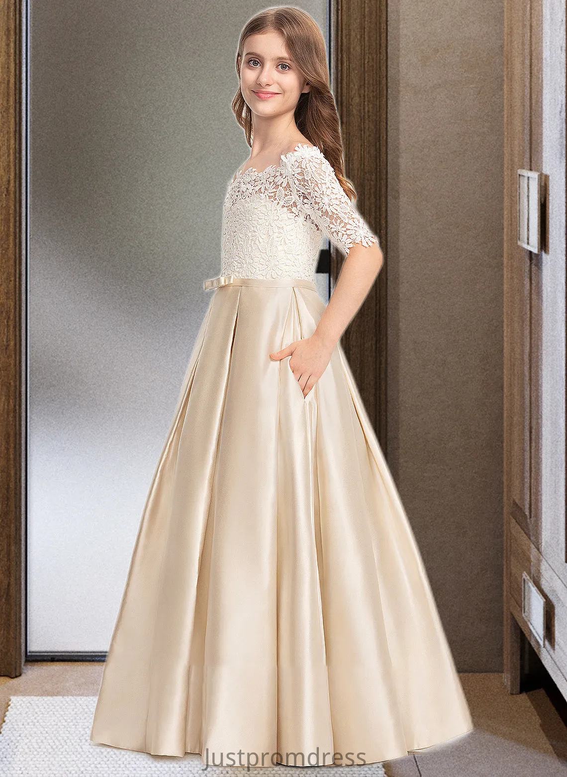 Joyce Ball-Gown/Princess Off-the-Shoulder Floor-Length Satin Lace Junior Bridesmaid Dress With Bow(s) Pockets HHP0013530