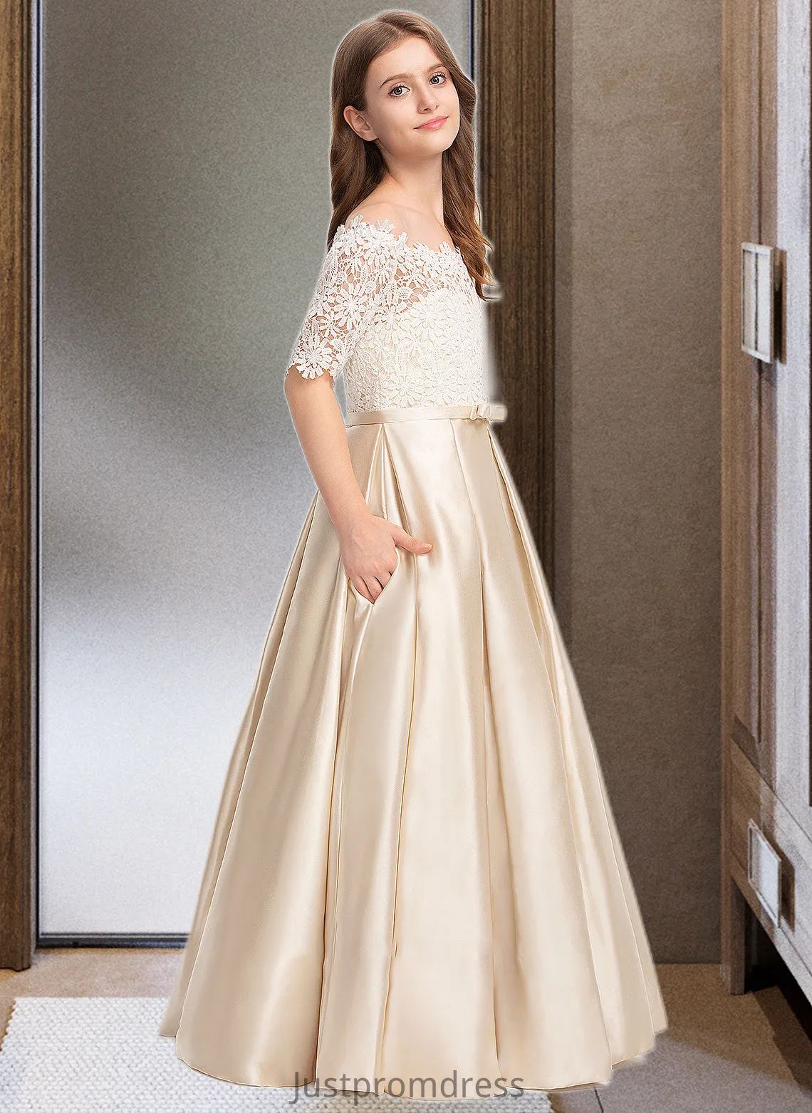 Joyce Ball-Gown/Princess Off-the-Shoulder Floor-Length Satin Lace Junior Bridesmaid Dress With Bow(s) Pockets HHP0013530
