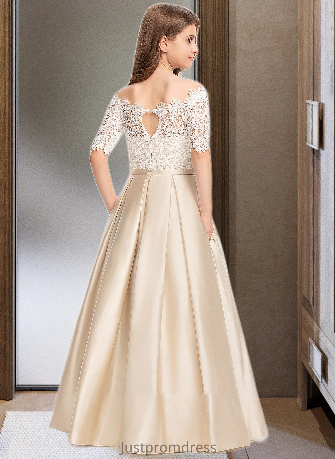 Joyce Ball-Gown/Princess Off-the-Shoulder Floor-Length Satin Lace Junior Bridesmaid Dress With Bow(s) Pockets HHP0013530