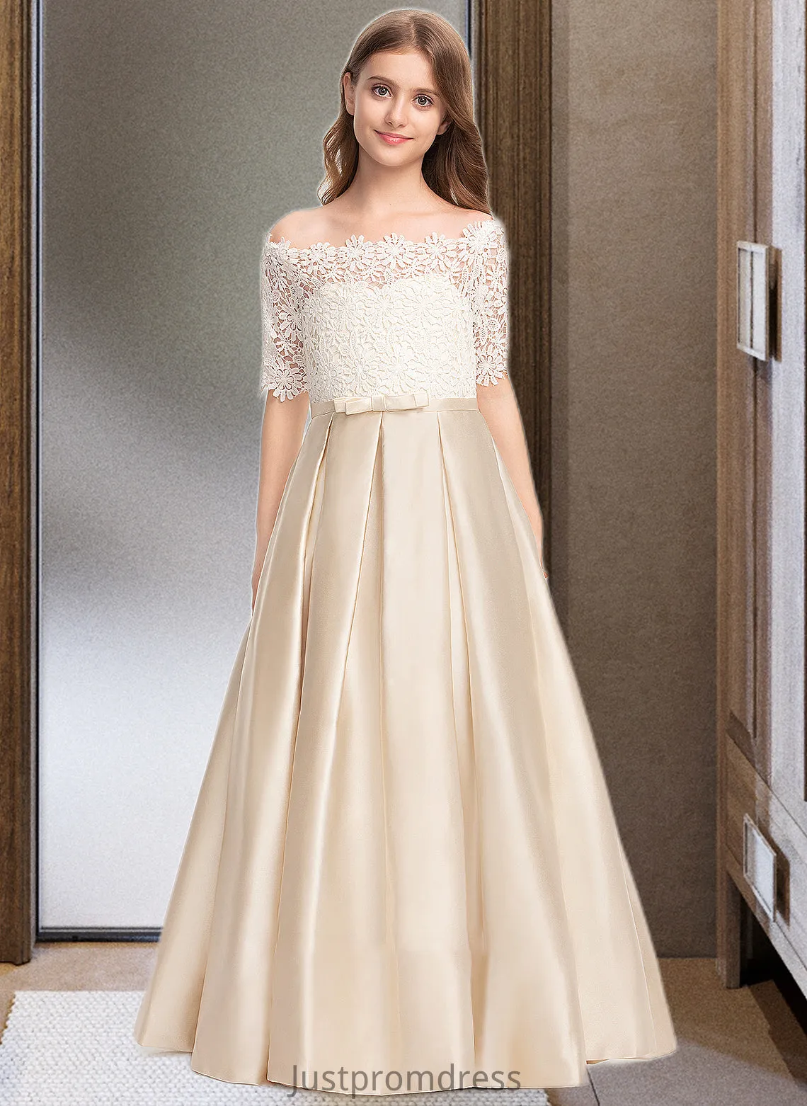 Joyce Ball-Gown/Princess Off-the-Shoulder Floor-Length Satin Lace Junior Bridesmaid Dress With Bow(s) Pockets HHP0013530