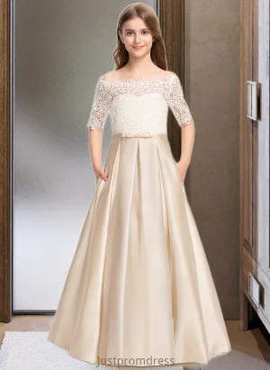 Joyce Ball-Gown/Princess Off-the-Shoulder Floor-Length Satin Lace Junior Bridesmaid Dress With Bow(s) Pockets HHP0013530