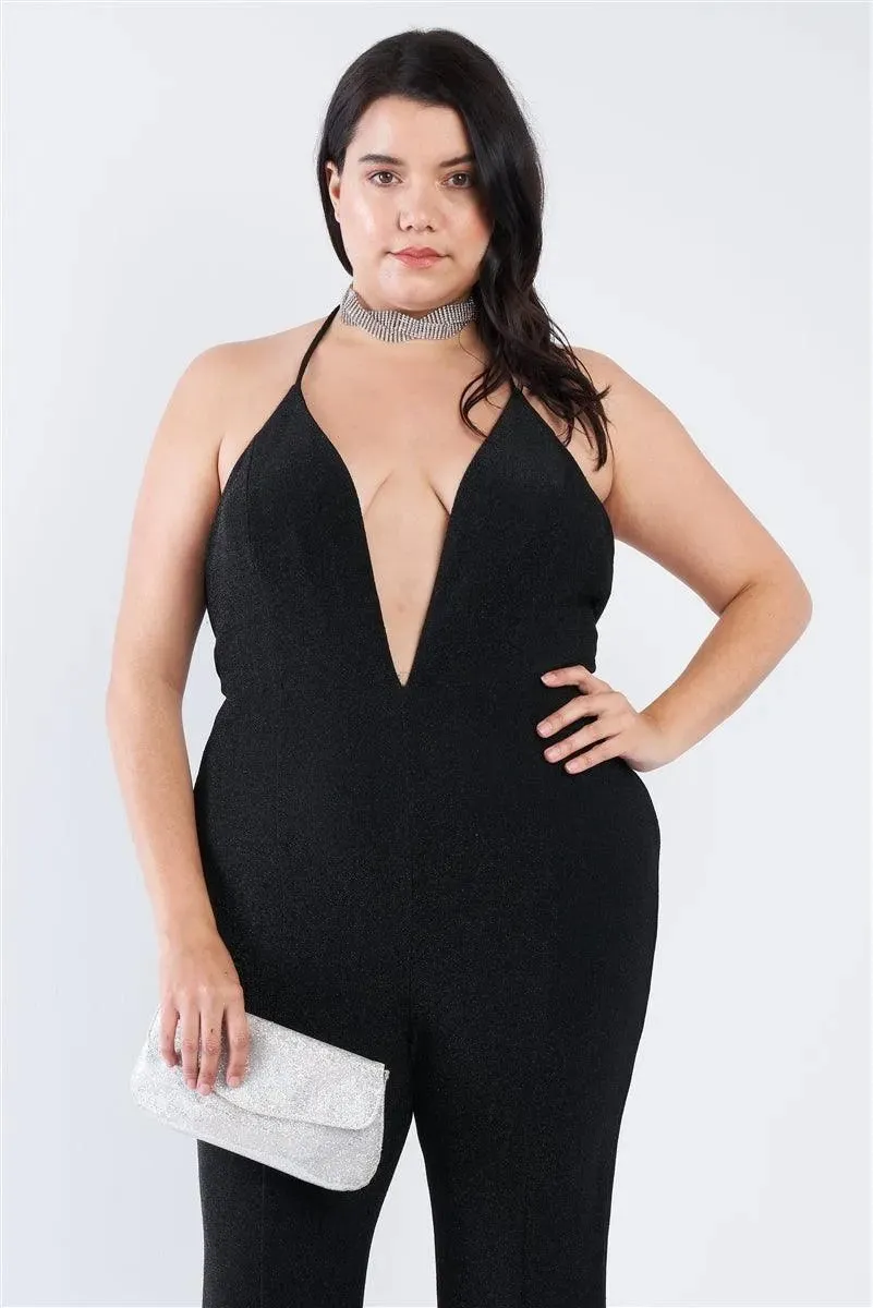Junior Plus Size Black Shimmer Deep V-Neck Halter Flare Leg Jumpsuit /2-1-1