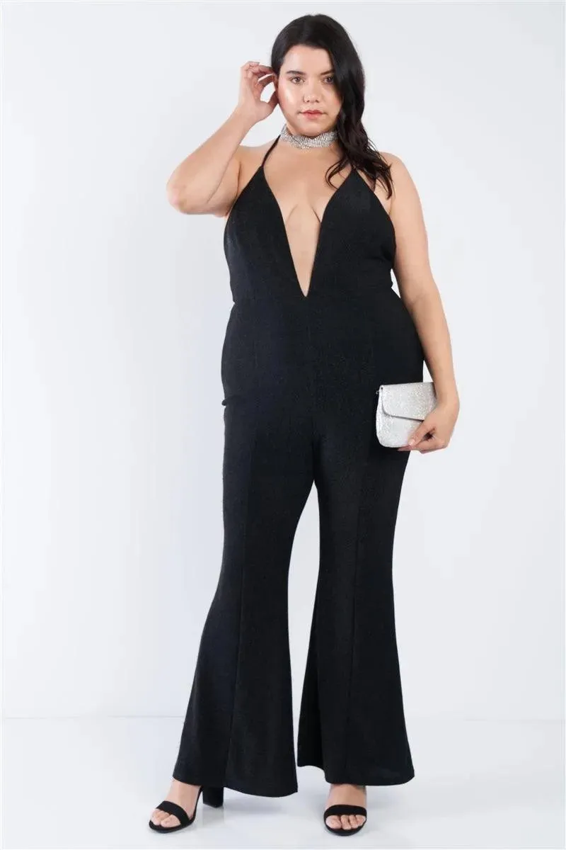 Junior Plus Size Black Shimmer Deep V-Neck Halter Flare Leg Jumpsuit /2-1-1