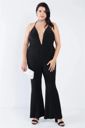Junior Plus Size Black Shimmer Deep V-Neck Halter Flare Leg Jumpsuit /2-1-1