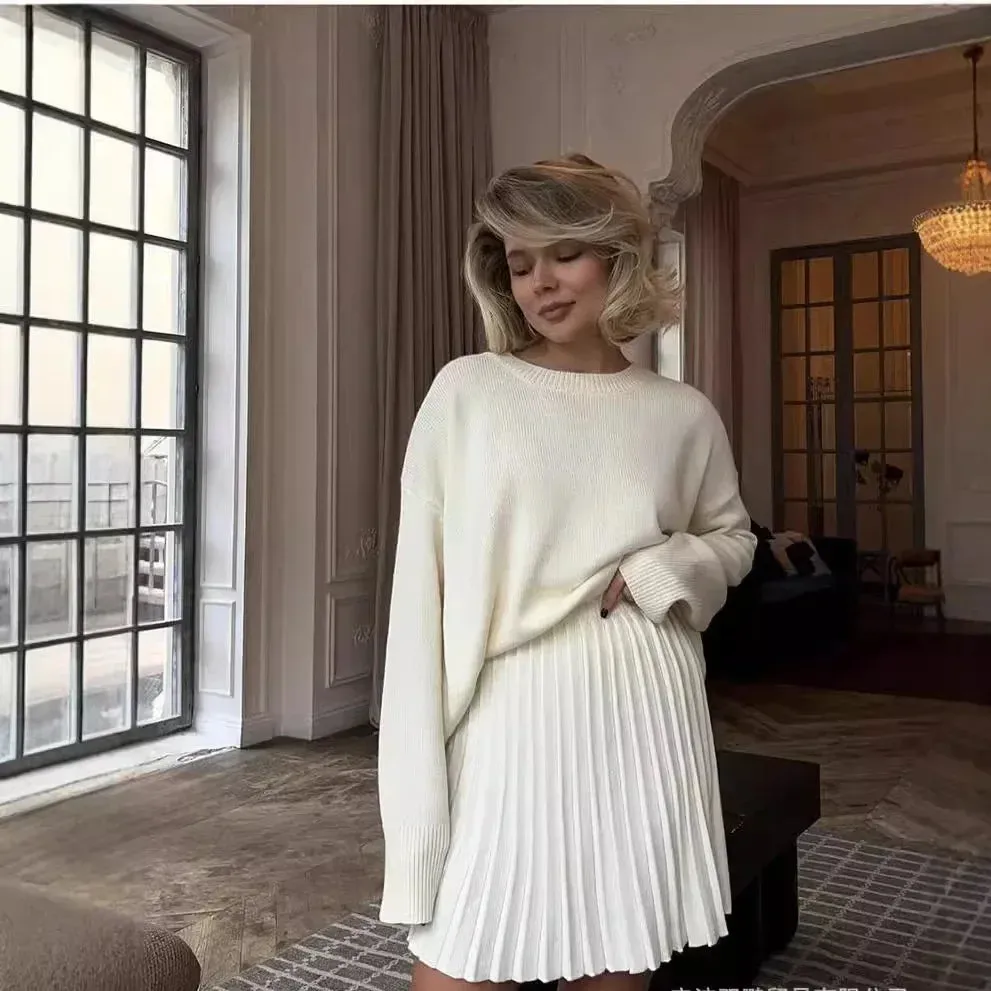 Knit loose fit sweater with matching skirt set