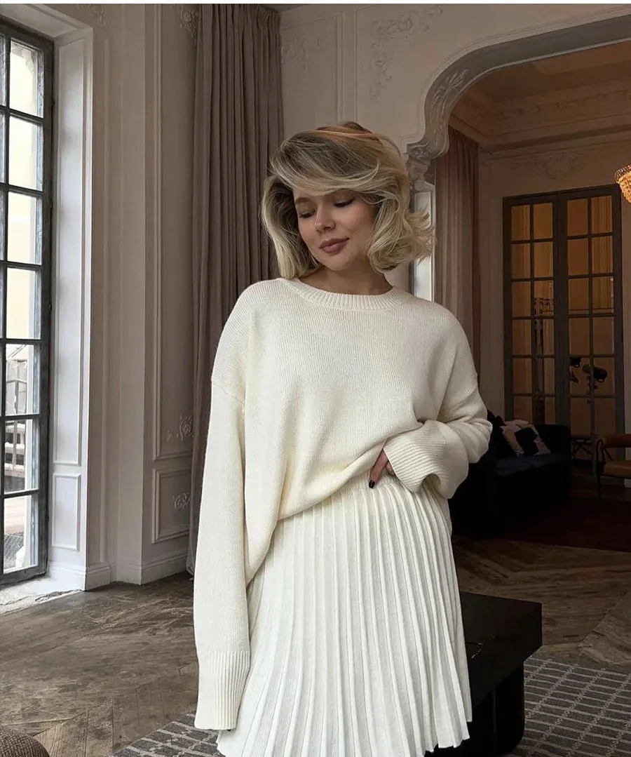 Knit loose fit sweater with matching skirt set