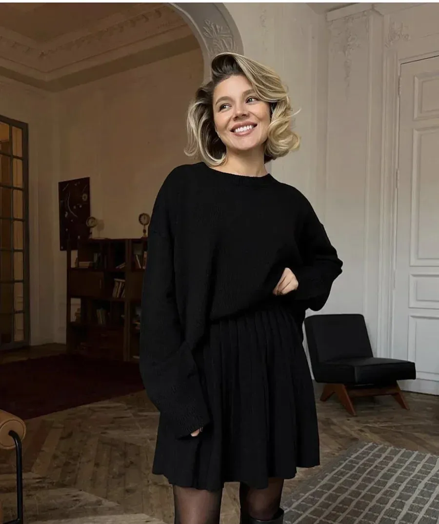 Knit loose fit sweater with matching skirt set