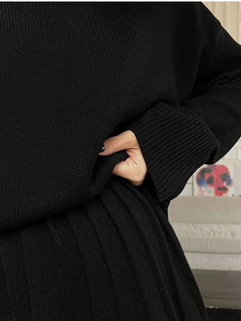 Knit loose fit sweater with matching skirt set