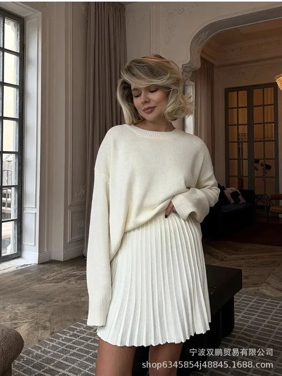 Knit loose fit sweater with matching skirt set