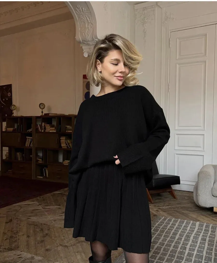 Knit loose fit sweater with matching skirt set