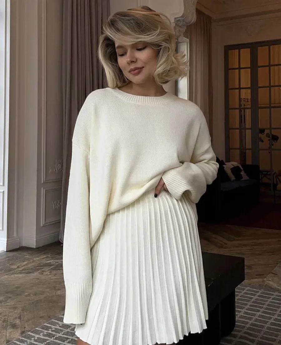 Knit loose fit sweater with matching skirt set
