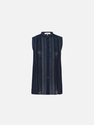 Lace Trimmed Sleeveless Shirt -- Navy
