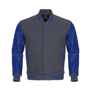 Ladies Varsity Jacket Gray Body and Blue Leather Sleeves Varsity Jacket