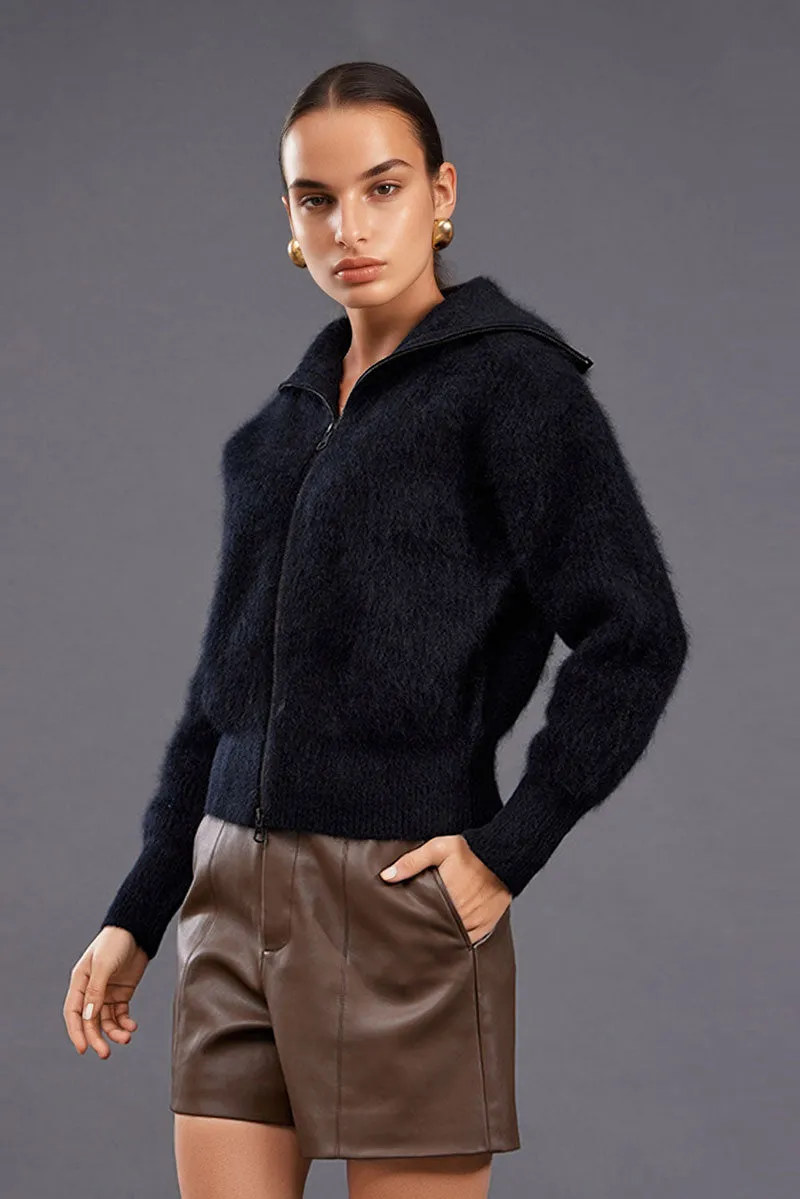 Luxe Brushed Cashmere Turtleneck Cardigan with Two-Way Zip