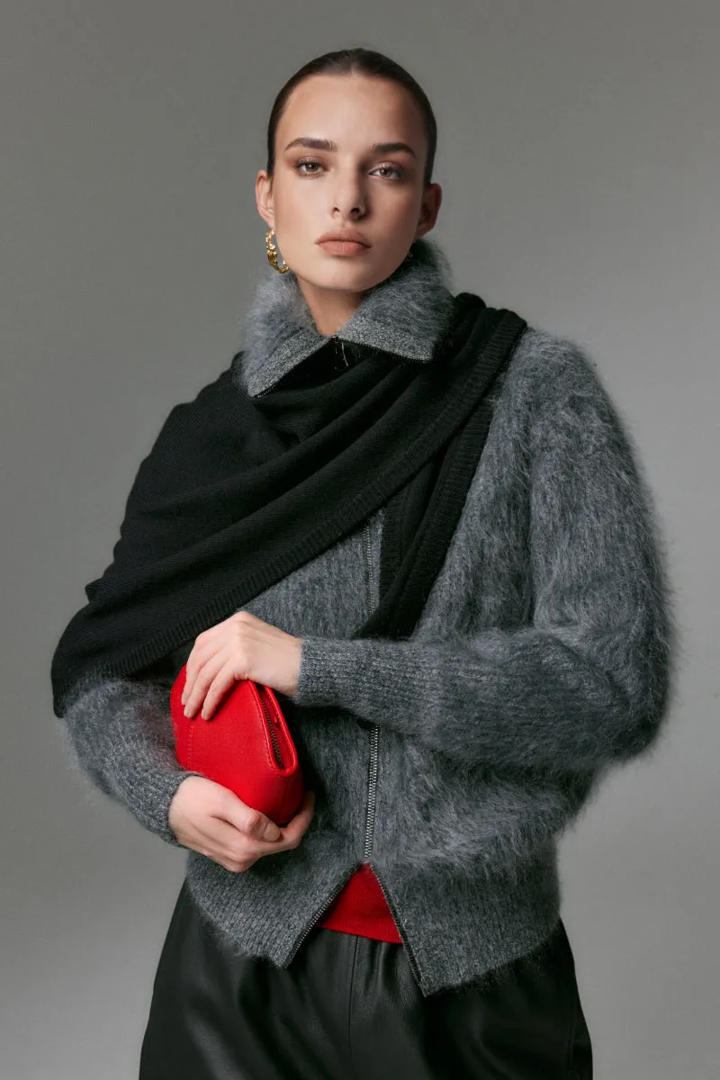 Luxe Brushed Cashmere Turtleneck Cardigan with Two-Way Zip