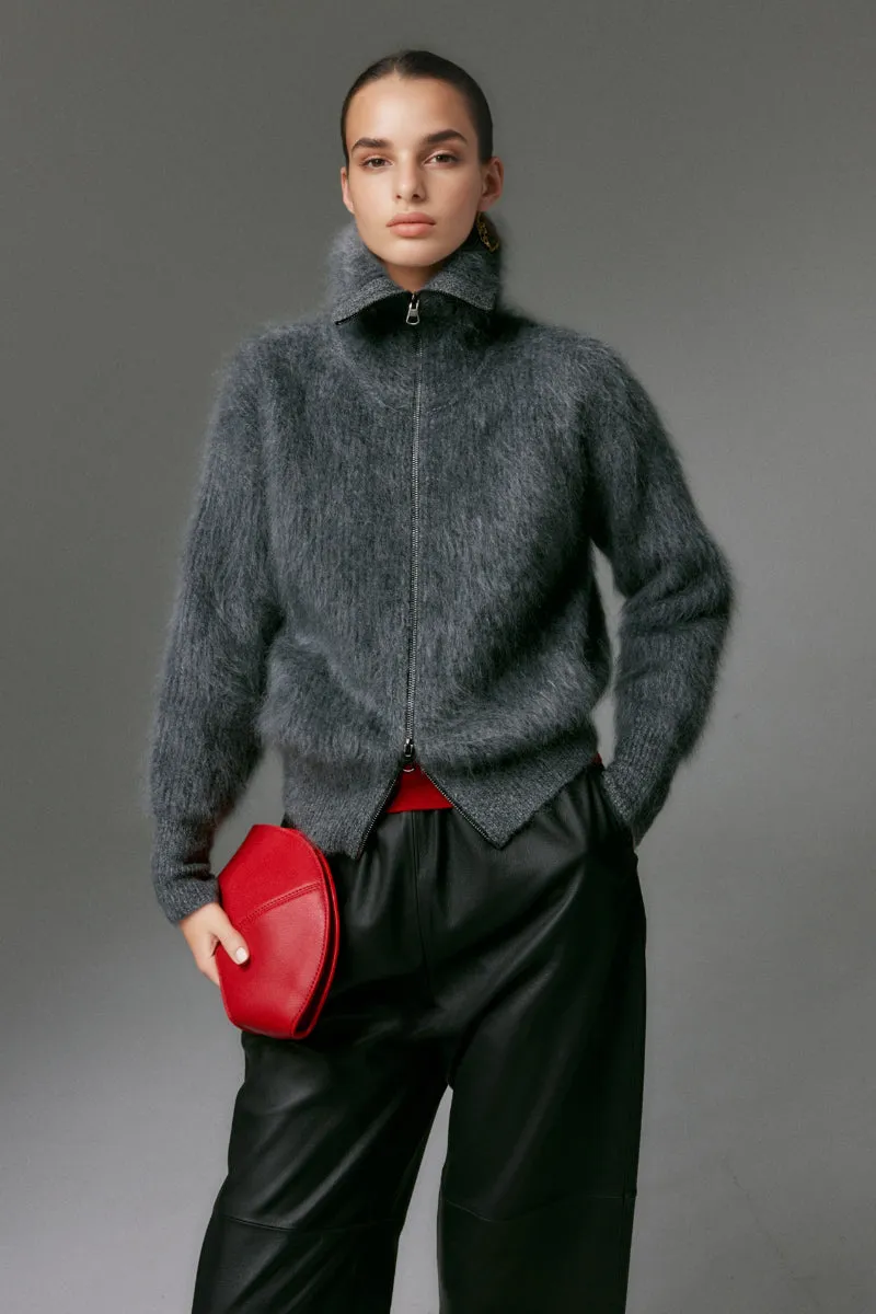 Luxe Brushed Cashmere Turtleneck Cardigan with Two-Way Zip
