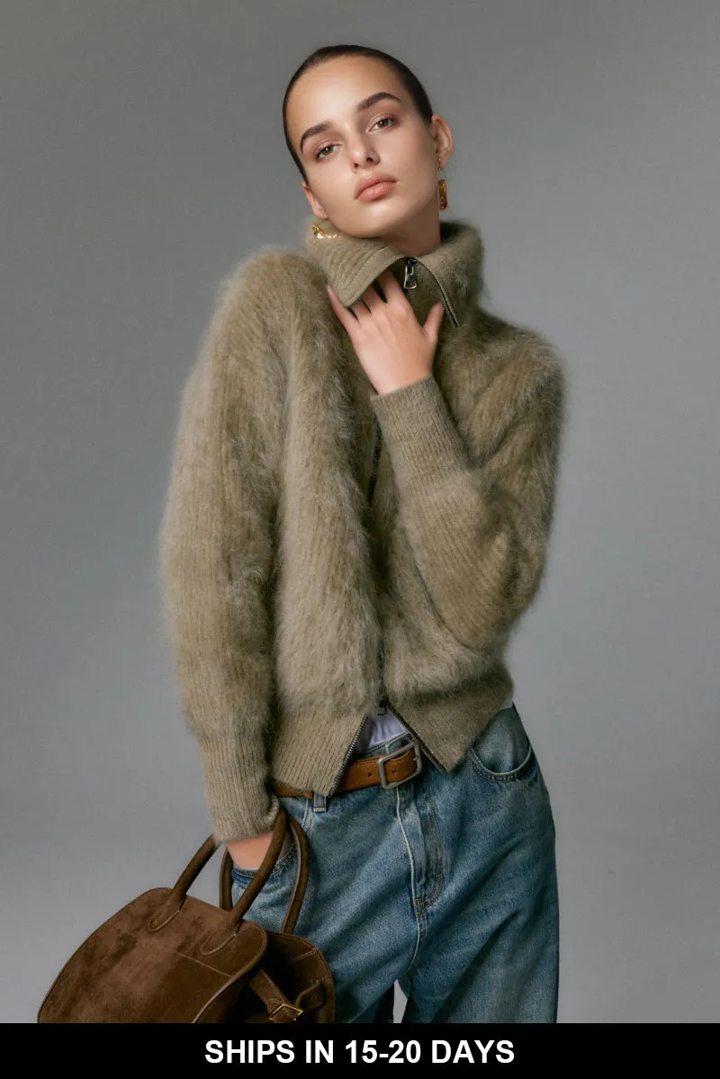 Luxe Brushed Cashmere Turtleneck Cardigan with Two-Way Zip