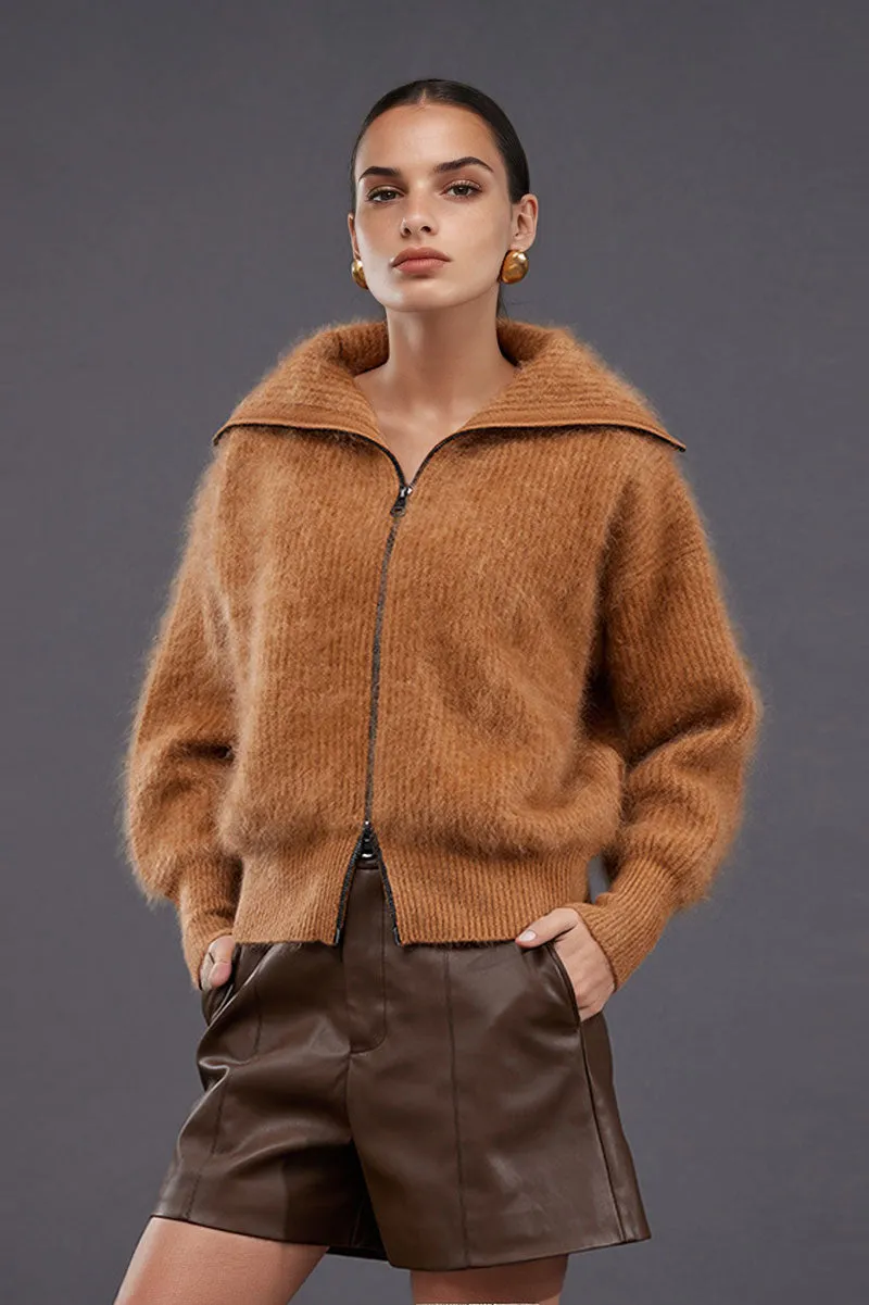 Luxe Brushed Cashmere Turtleneck Cardigan with Two-Way Zip