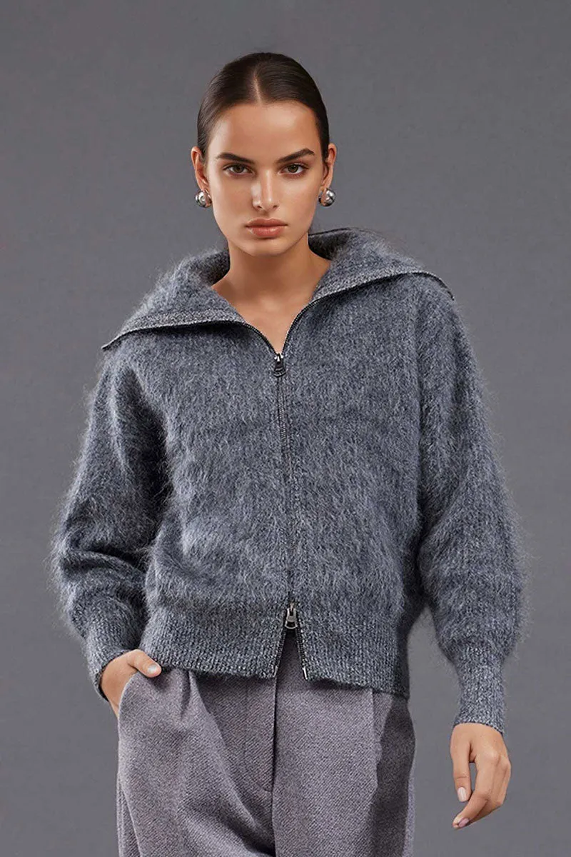 Luxe Brushed Cashmere Turtleneck Cardigan with Two-Way Zip