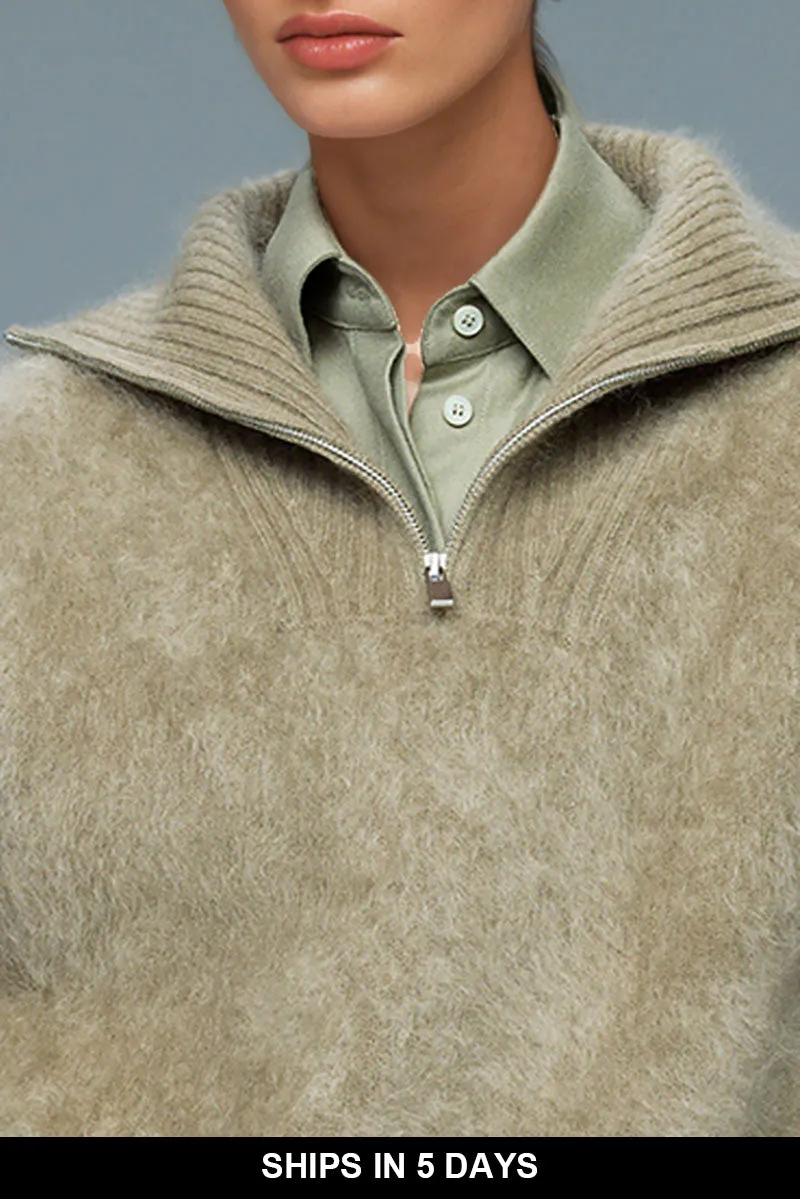 Luxe Brushed Cashmere Turtleneck Cardigan with Two-Way Zip