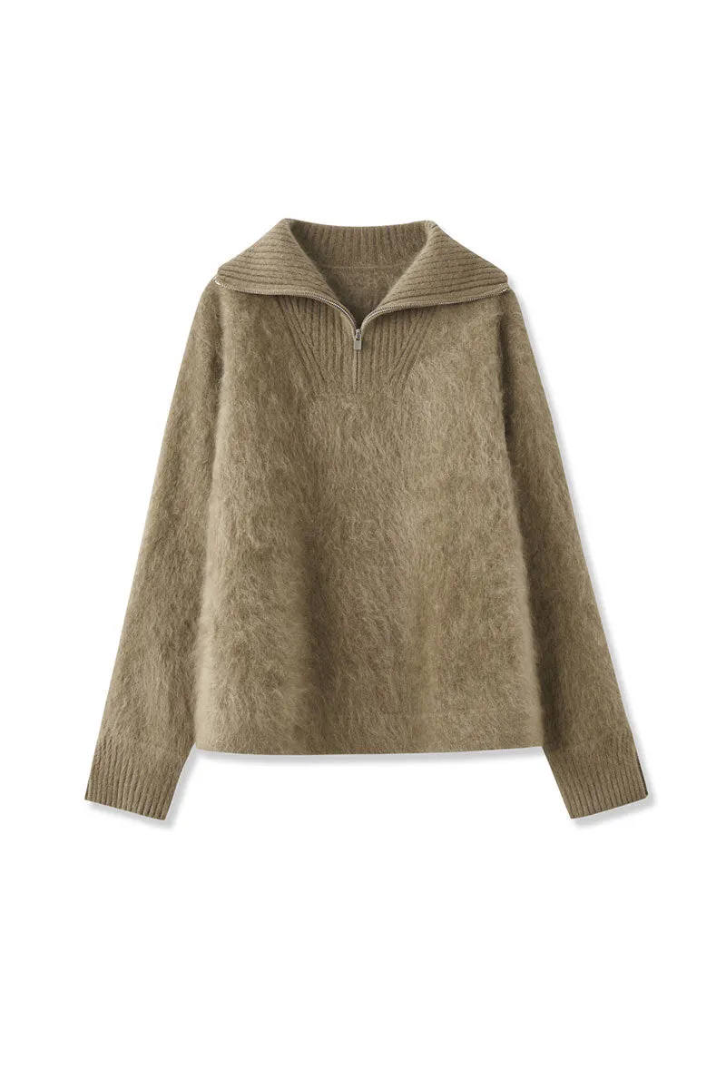 Luxe Brushed Cashmere Turtleneck Cardigan with Two-Way Zip