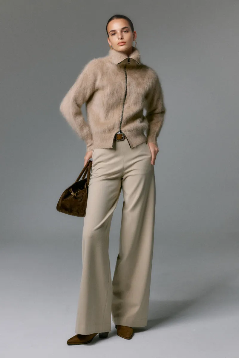 Luxe Brushed Cashmere Turtleneck Cardigan with Two-Way Zip