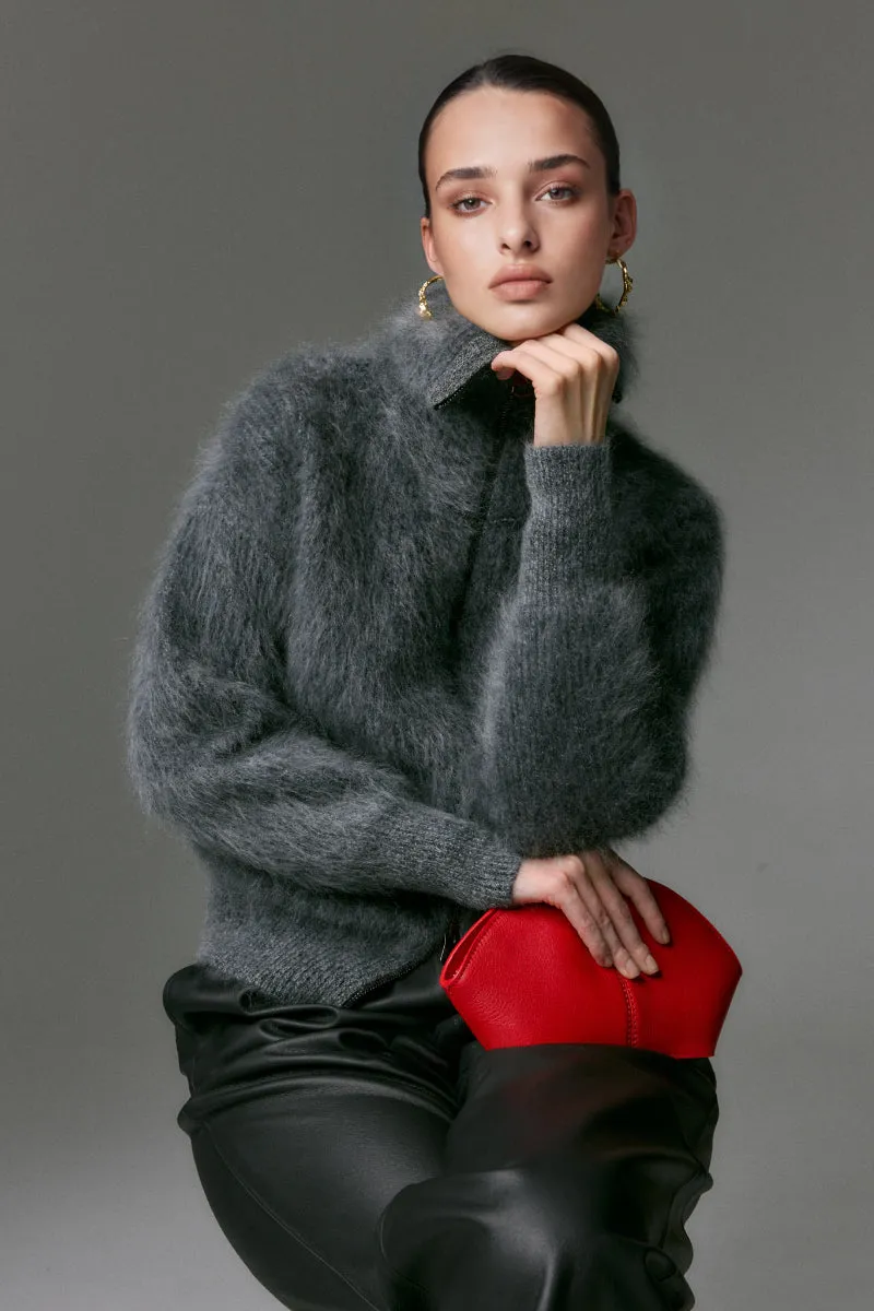 Luxe Brushed Cashmere Turtleneck Cardigan with Two-Way Zip