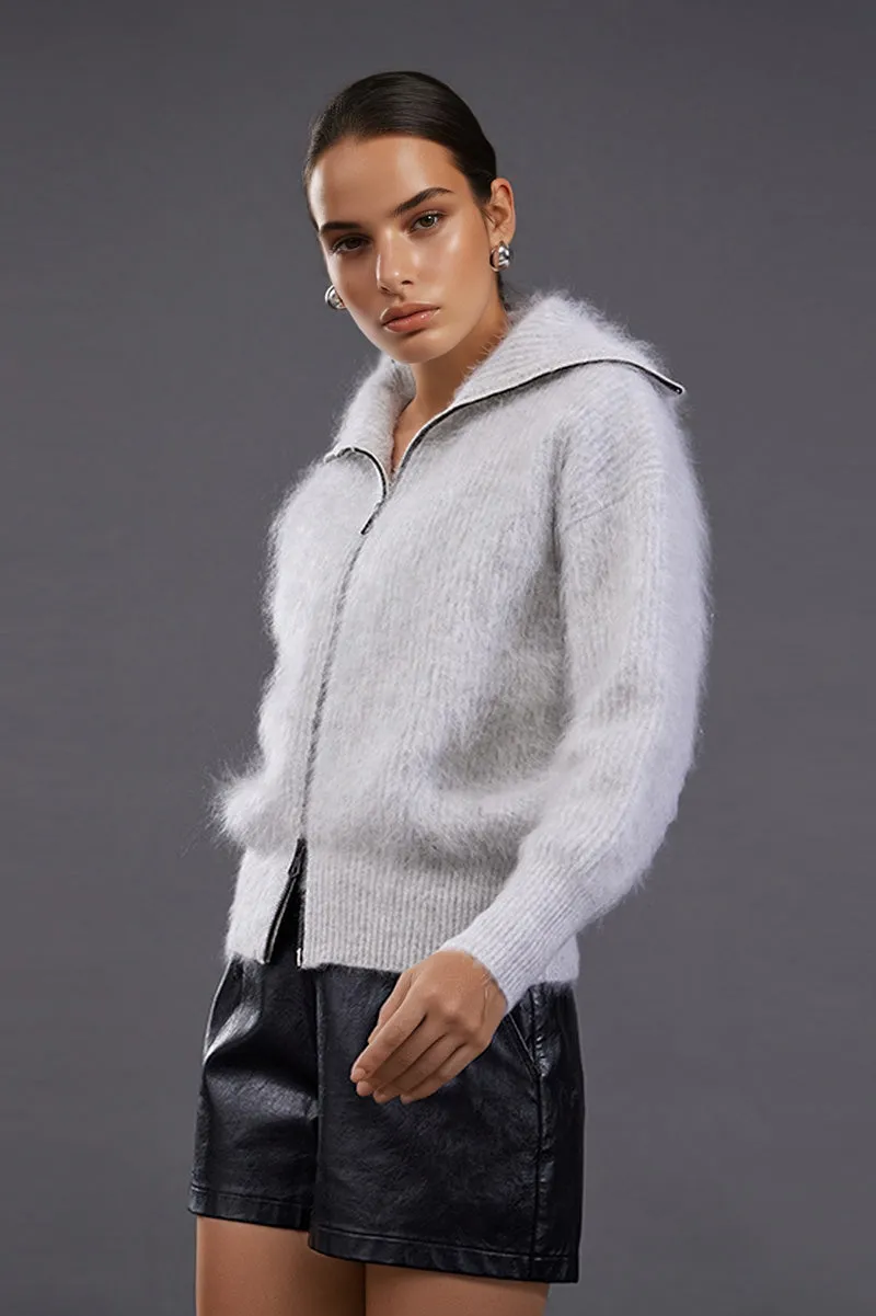 Luxe Brushed Cashmere Turtleneck Cardigan with Two-Way Zip
