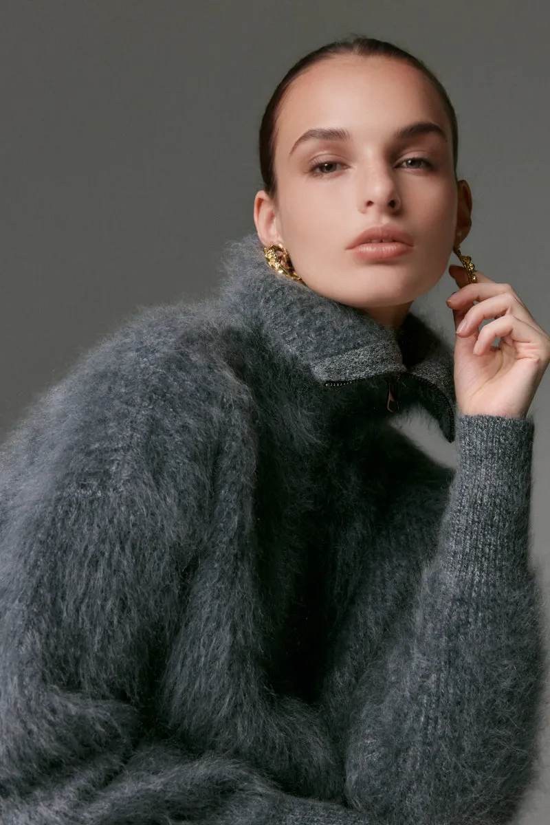 Luxe Brushed Cashmere Turtleneck Cardigan with Two-Way Zip