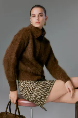 Luxe Brushed Cashmere Turtleneck Cardigan with Two-Way Zip