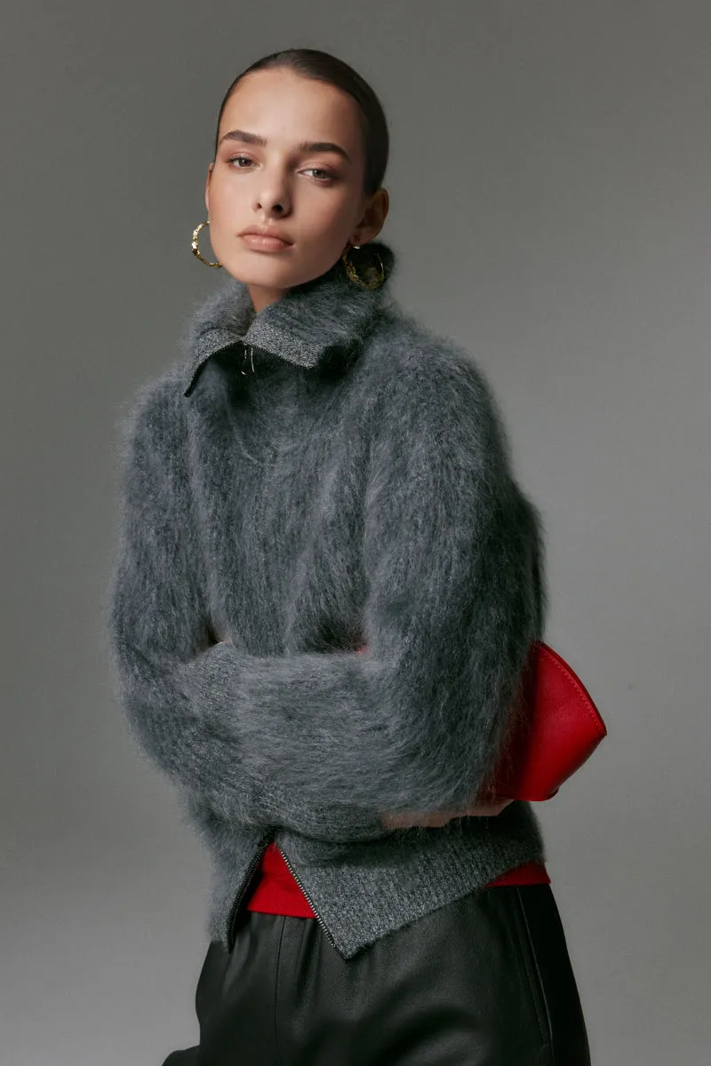 Luxe Brushed Cashmere Turtleneck Cardigan with Two-Way Zip