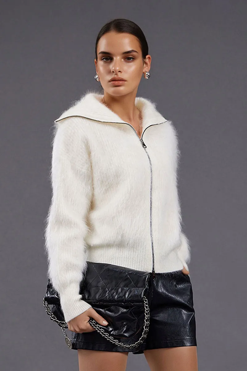 Luxe Brushed Cashmere Turtleneck Cardigan with Two-Way Zip