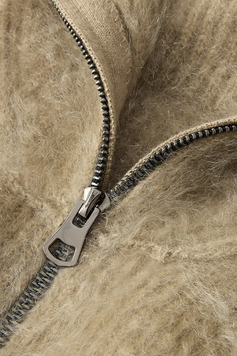 Luxe Brushed Cashmere Turtleneck Cardigan with Two-Way Zip