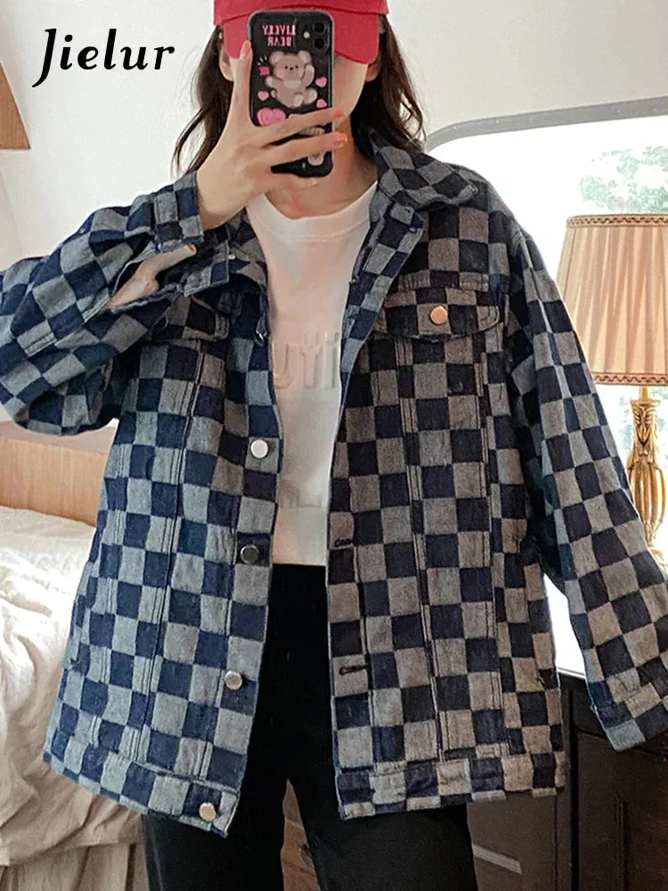 Metaversmall Autumn Black Denim Coat Women Korean New Chessboard Checker Casual Loose Retro Blue Jacket Top Woman High Street Chic