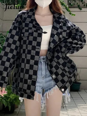 Metaversmall Autumn Black Denim Coat Women Korean New Chessboard Checker Casual Loose Retro Blue Jacket Top Woman High Street Chic