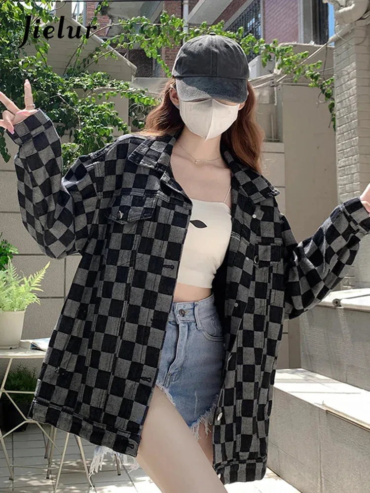Metaversmall Autumn Black Denim Coat Women Korean New Chessboard Checker Casual Loose Retro Blue Jacket Top Woman High Street Chic