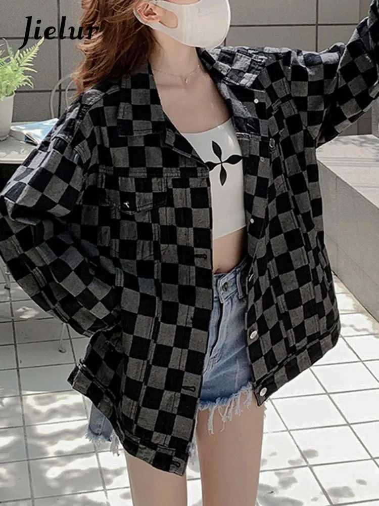 Metaversmall Autumn Black Denim Coat Women Korean New Chessboard Checker Casual Loose Retro Blue Jacket Top Woman High Street Chic