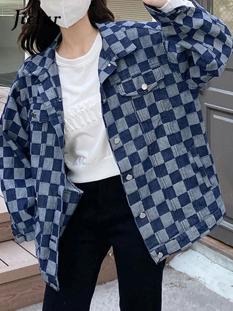 Metaversmall Autumn Black Denim Coat Women Korean New Chessboard Checker Casual Loose Retro Blue Jacket Top Woman High Street Chic