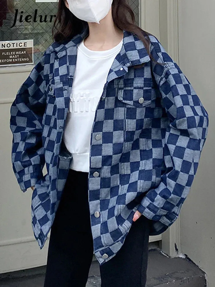 Metaversmall Autumn Black Denim Coat Women Korean New Chessboard Checker Casual Loose Retro Blue Jacket Top Woman High Street Chic