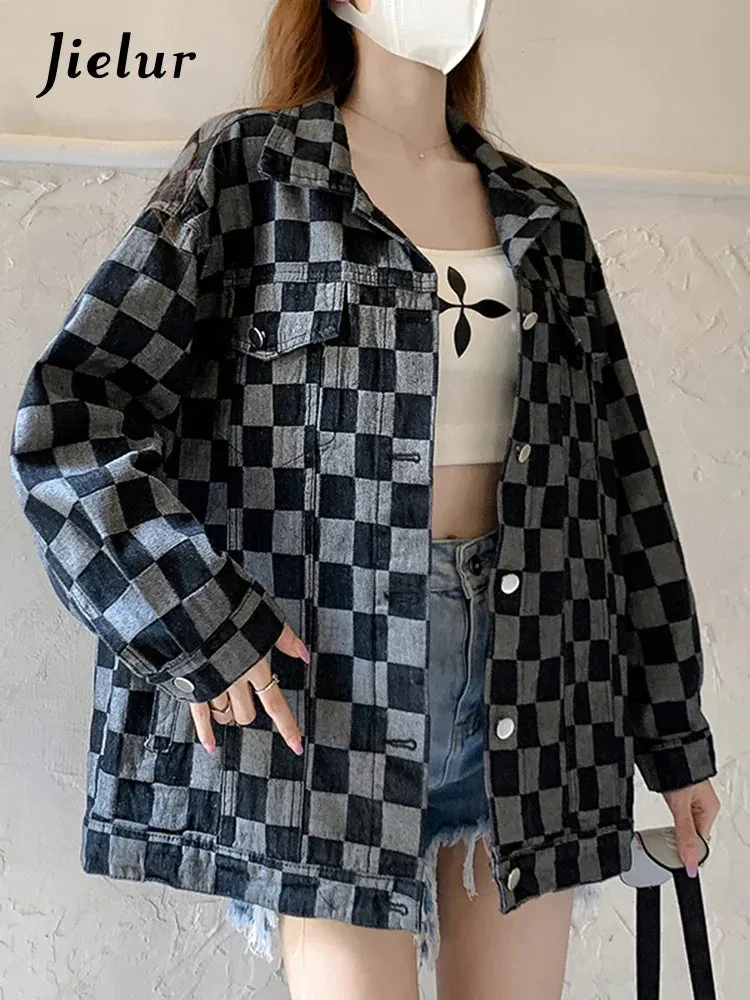 Metaversmall Autumn Black Denim Coat Women Korean New Chessboard Checker Casual Loose Retro Blue Jacket Top Woman High Street Chic
