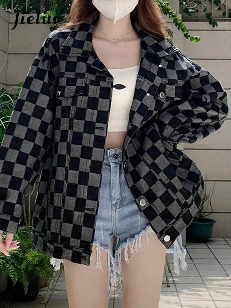Metaversmall Autumn Black Denim Coat Women Korean New Chessboard Checker Casual Loose Retro Blue Jacket Top Woman High Street Chic